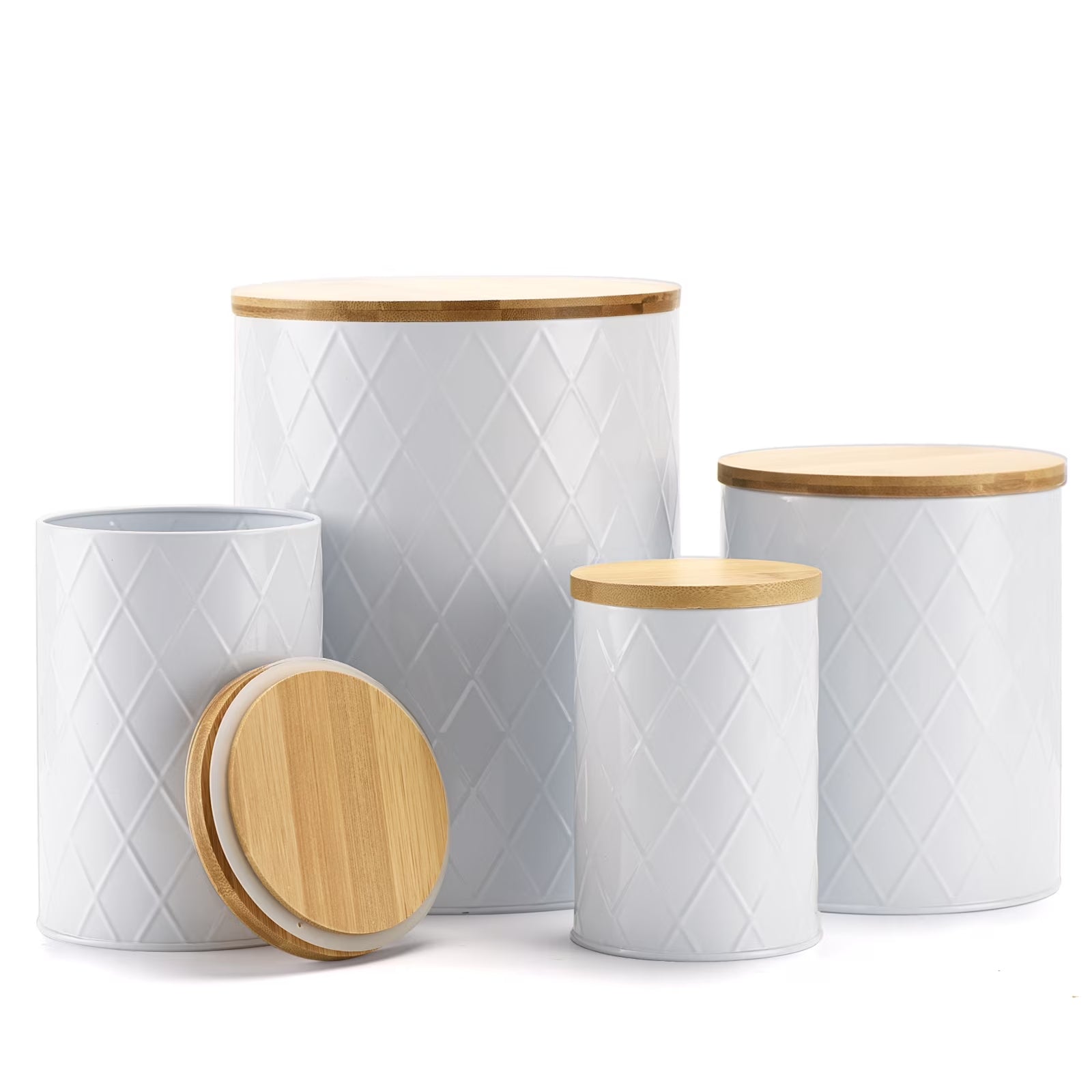 White Kitchen Canister Set - 4 Pack with Wooden Lids, Airtight Storage for Sugar, Flour & Coffee