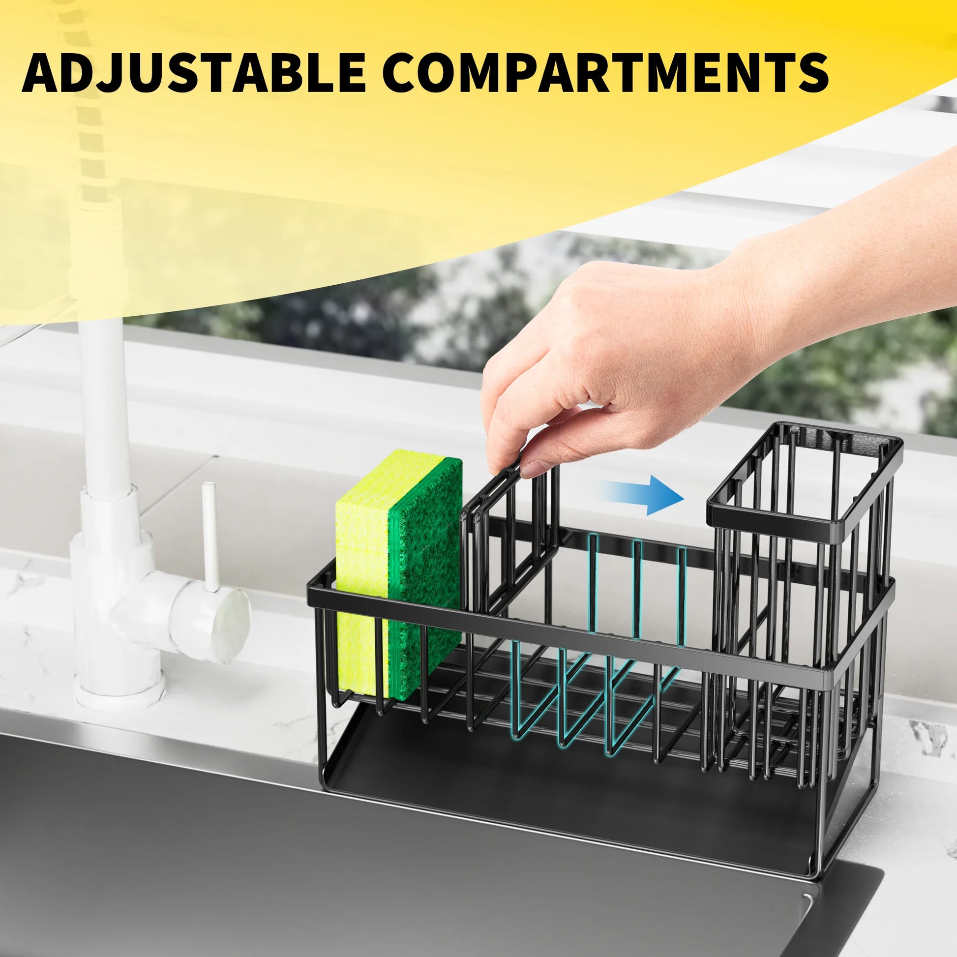 Black Sink Caddy Organizer - Rust-Resistant Metal, Self-Draining Sponge & Brush Holder