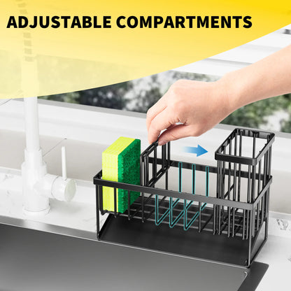 Black Sink Caddy Organizer - Rust-Resistant Metal, Self-Draining Sponge & Brush Holder