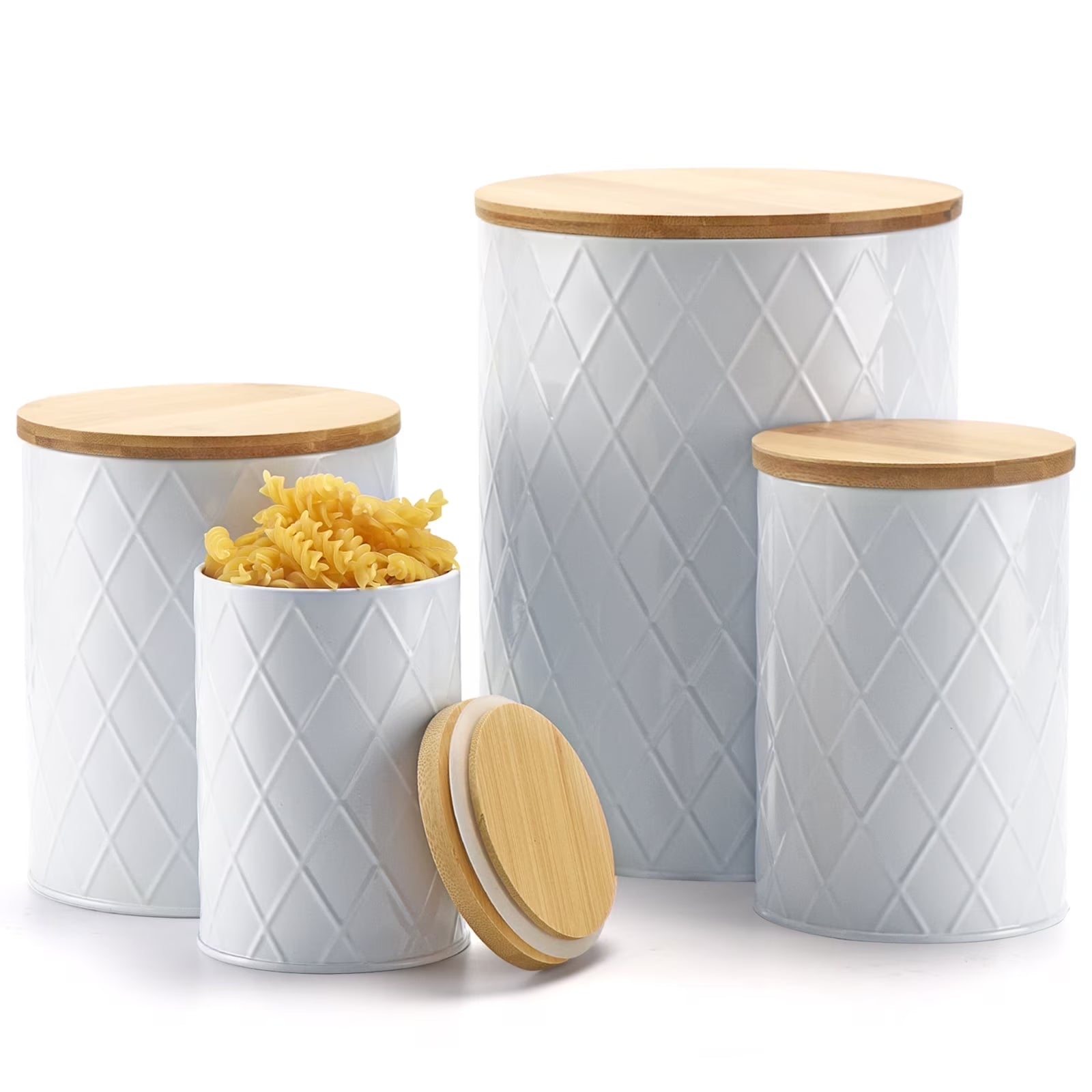 White Kitchen Canister Set - 4 Pack with Wooden Lids, Airtight Storage for Sugar, Flour & Coffee