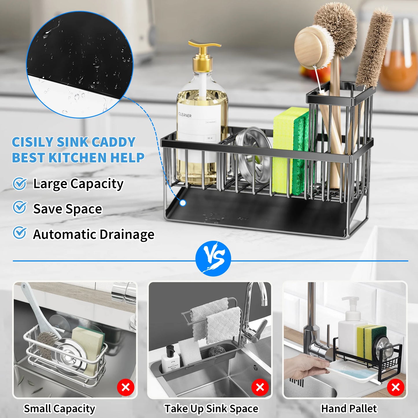 Black Sink Caddy Organizer - Rust-Resistant Metal, Self-Draining Sponge & Brush Holder