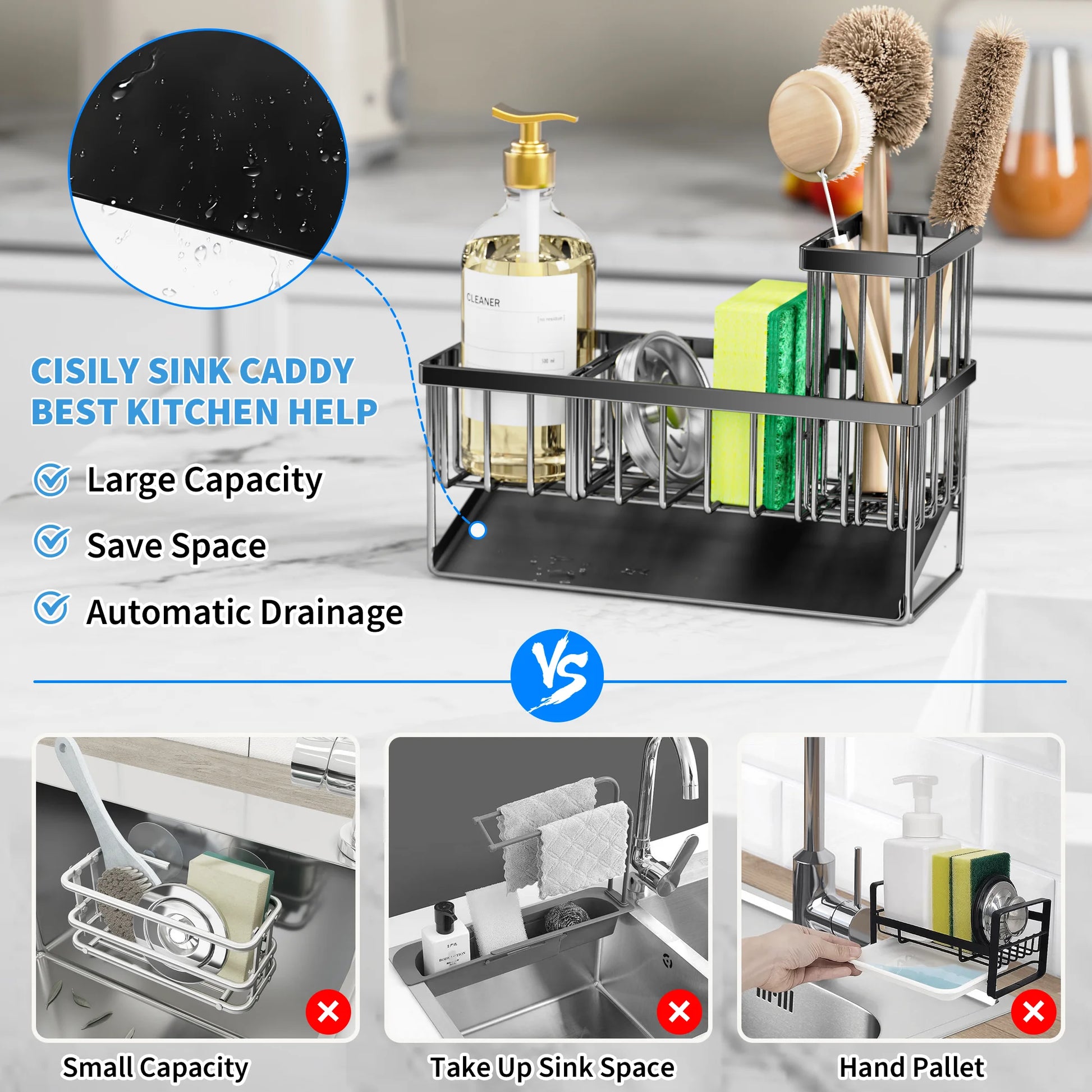 Black Sink Caddy Organizer - Rust-Resistant Metal, Self-Draining Sponge & Brush Holder