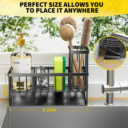 Black Sink Caddy Organizer - Rust-Resistant Metal, Self-Draining Sponge & Brush Holder