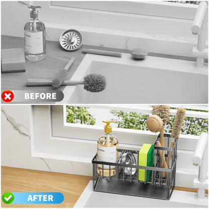 Black Sink Caddy Organizer - Rust-Resistant Metal, Self-Draining Sponge & Brush Holder