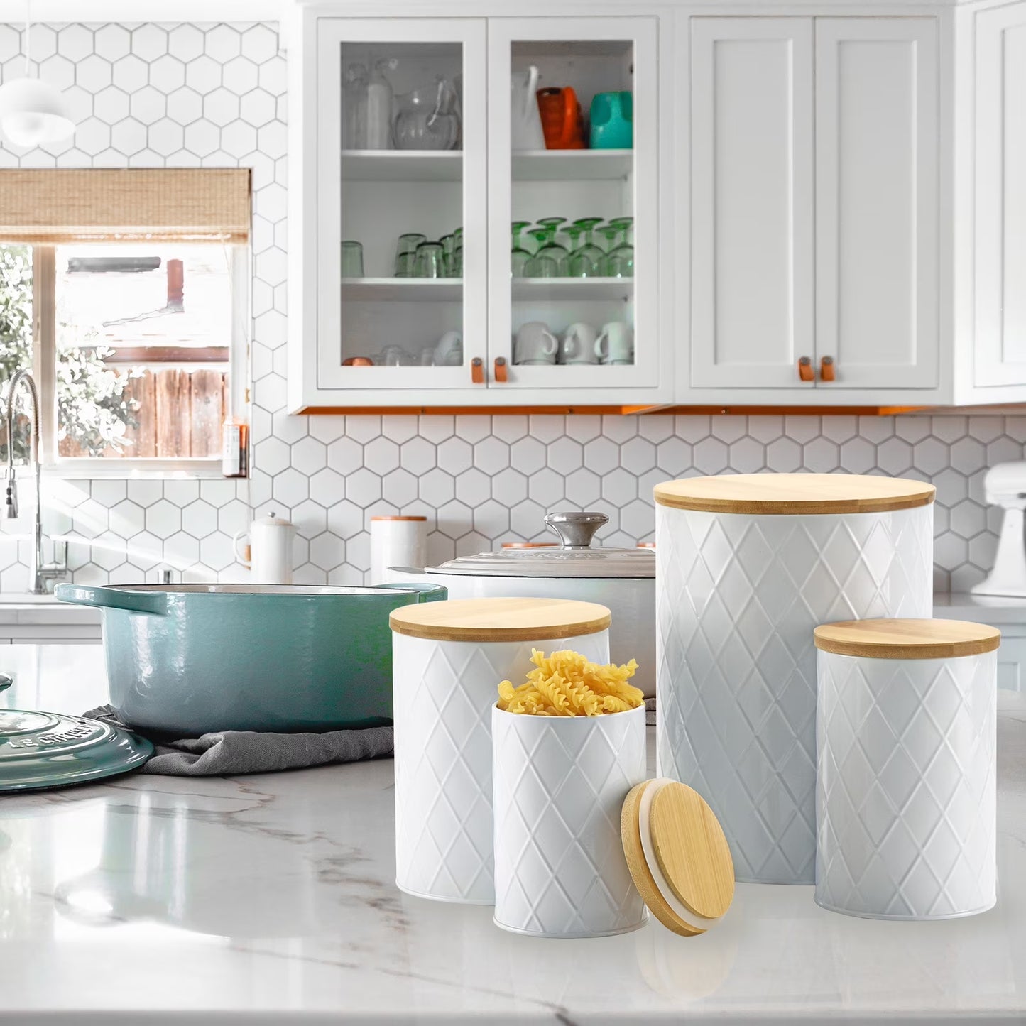 White Kitchen Canister Set - 4 Pack with Wooden Lids, Airtight Storage for Sugar, Flour & Coffee