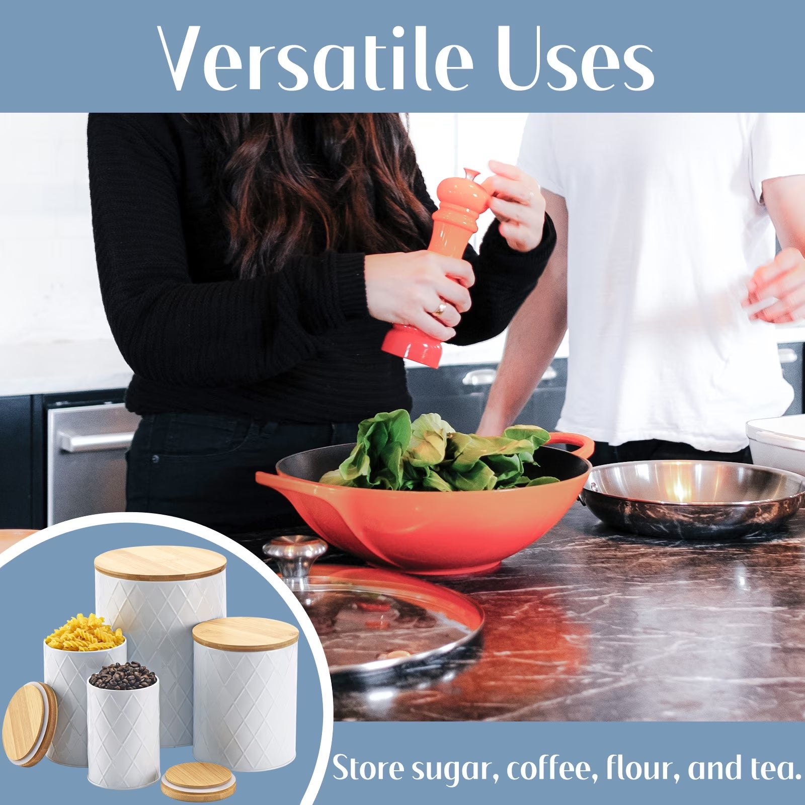 White Kitchen Canister Set - 4 Pack with Wooden Lids, Airtight Storage for Sugar, Flour & Coffee