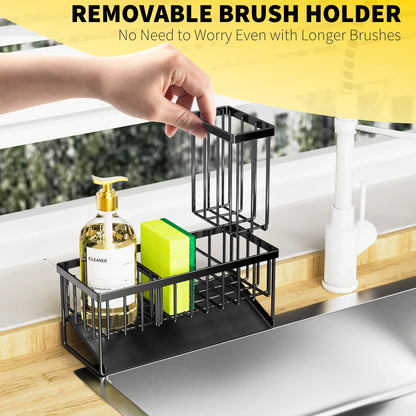 Black Sink Caddy Organizer - Rust-Resistant Metal, Self-Draining Sponge & Brush Holder