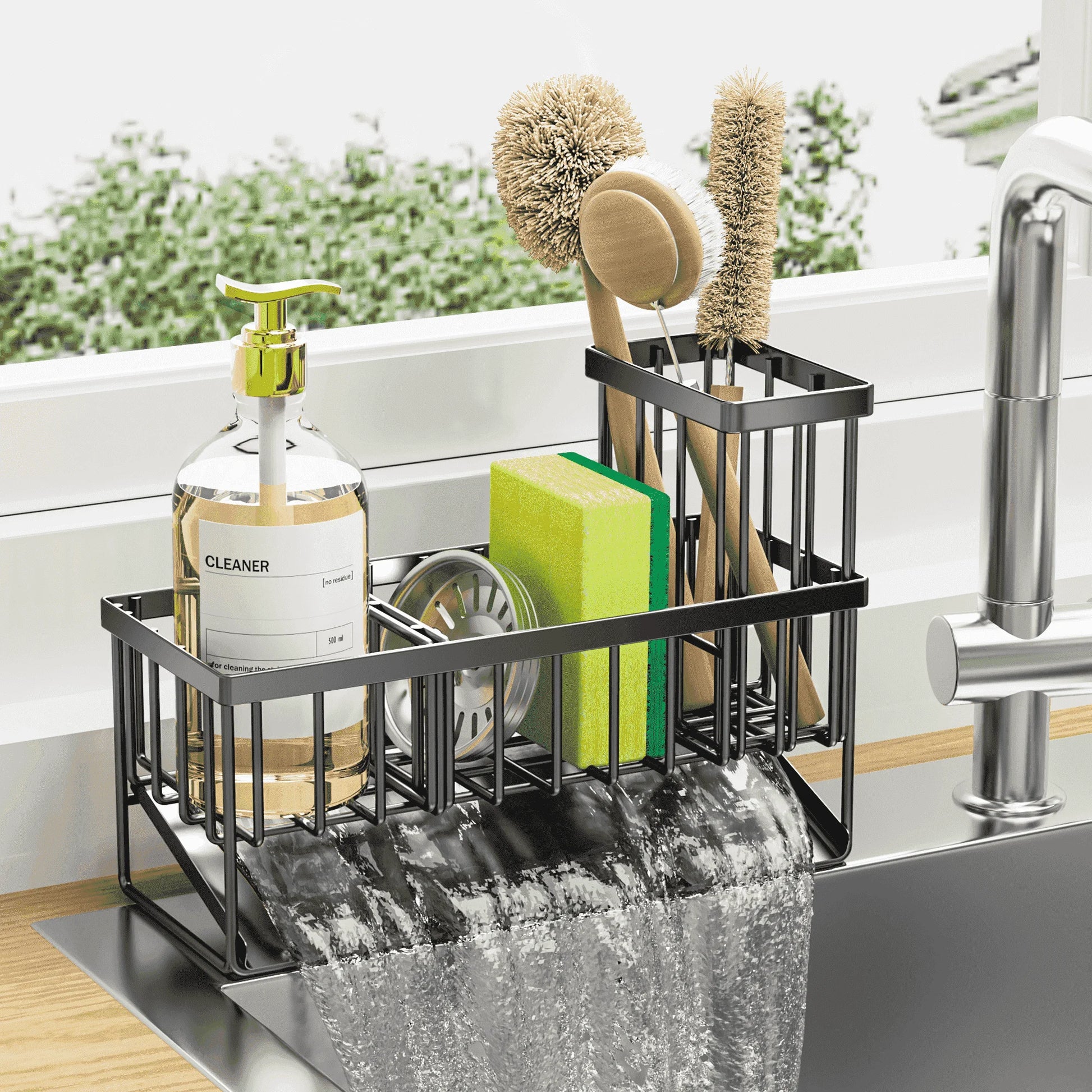 Black Sink Caddy Organizer - Rust-Resistant Metal, Self-Draining Sponge & Brush Holder