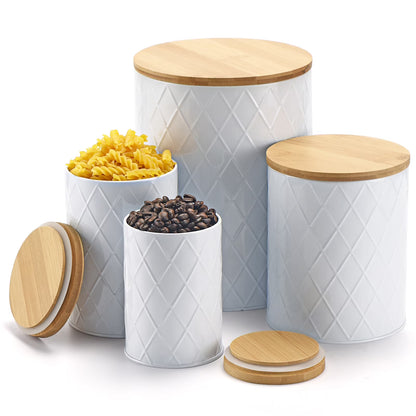 White Kitchen Canister Set - 4 Pack with Wooden Lids, Airtight Storage for Sugar, Flour & Coffee